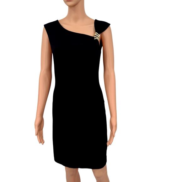VTG Y2K Cache Black Asymmetric Neckline Bodycon Dress Snake Brooch Made USA M - Picture 2 of 13